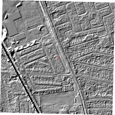 Shaded relief map of the ground around HU69NH, computed from Environment Agency LiDAR. The ground here sits at about 2 m above sea level and falls 5 m across the surrounding 800 m. Surface water reaching this point runs off ground lying to the south-west, 1.7 m higher.
