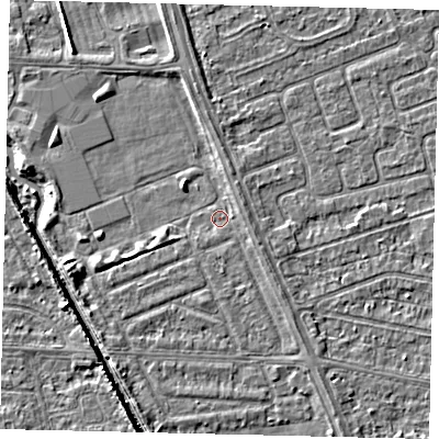 Shaded relief map of the ground around HU69NJ, computed from Environment Agency LiDAR. The ground here sits at about 2 m above sea level and falls 5 m across the surrounding 800 m. Surface water reaching this point runs off ground lying to the south-east, 1.3 m higher.