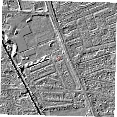 Shaded relief map of the ground around HU69NL, computed from Environment Agency LiDAR. The ground here sits at about 2 m above sea level and falls 5 m across the surrounding 800 m. The ground contributing surface water to this point lies to the south-south-east.