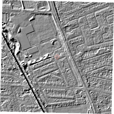 Shaded relief map of the ground around HU69NN, computed from Environment Agency LiDAR. The ground here sits at about 2 m above sea level and falls 5 m across the surrounding 800 m. Surface water reaching this point runs off ground lying to the west-south-west, 0.6 m higher.