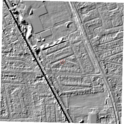 Shaded relief map of the ground around HU69NP, computed from Environment Agency LiDAR. The ground here sits at about 2 m above sea level and falls 5 m across the surrounding 800 m. Surface water reaching this point runs off ground lying to the east-north-east, 0.9 m higher.