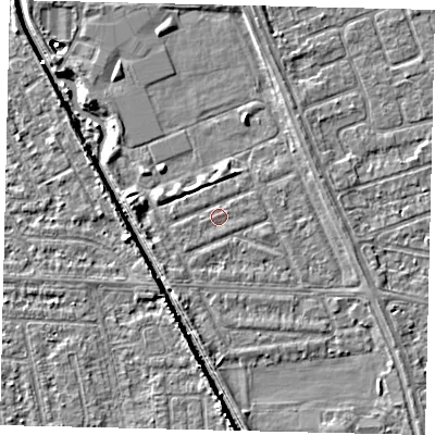 Shaded relief map of the ground around HU69NR, computed from Environment Agency LiDAR. The ground here sits at about 2 m above sea level and falls 5 m across the surrounding 800 m. The ground contributing surface water to this point lies to the west.