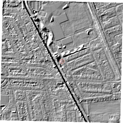 Shaded relief map of the ground around HU69NS, computed from Environment Agency LiDAR. The ground here sits at about 2 m above sea level and falls 5 m across the surrounding 800 m. Surface water reaching this point runs off ground lying to the north-west, 2.6 m higher.