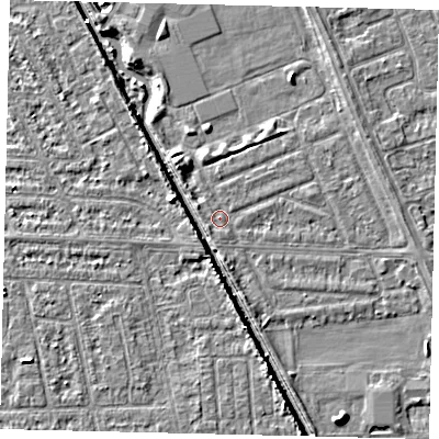 Shaded relief map of the ground around HU69NT, computed from Environment Agency LiDAR. The ground here sits at about 2 m above sea level and falls 5 m across the surrounding 800 m. Surface water reaching this point runs off ground lying to the south-west, 1.2 m higher.