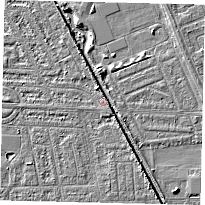 Shaded relief map of the ground around HU69NU, computed from Environment Agency LiDAR. The ground here sits at about 2 m above sea level and falls 5 m across the surrounding 800 m. Surface water reaching this point runs off ground lying to the east-south-east, 1.2 m higher.