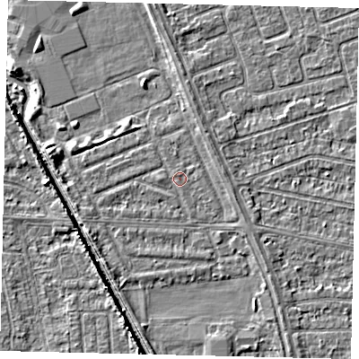 Shaded relief map of the ground around HU69NW, computed from Environment Agency LiDAR. The ground here sits at about 2 m above sea level and falls 5 m across the surrounding 800 m. Surface water reaching this point runs off ground lying to the north-north-west, 0.5 m higher.