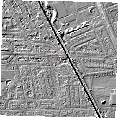 Shaded relief map of the ground around HU69NX, computed from Environment Agency LiDAR. The ground here sits at about 2 m above sea level and falls 5 m across the surrounding 800 m. Surface water reaching this point runs off ground lying to the east-north-east, 1.3 m higher.