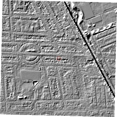 Shaded relief map of the ground around HU69PD, computed from Environment Agency LiDAR. The ground here sits at about 2 m above sea level and falls 5 m across the surrounding 800 m. Surface water reaching this point runs off ground lying to the east-north-east, 0.6 m higher.