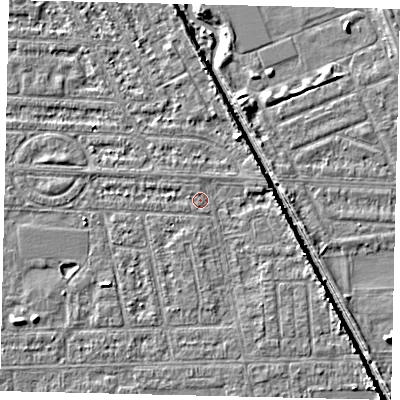 Shaded relief map of the ground around HU69PE, computed from Environment Agency LiDAR. The ground here sits at about 2 m above sea level and falls 5 m across the surrounding 800 m. Surface water reaching this point runs off ground lying to the south, 0.8 m higher.