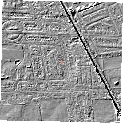 Shaded relief map of the ground around HU69PF, computed from Environment Agency LiDAR. The ground here sits at about 2 m above sea level and falls 5 m across the surrounding 800 m. Surface water reaching this point runs off ground lying to the south, 0.8 m higher.