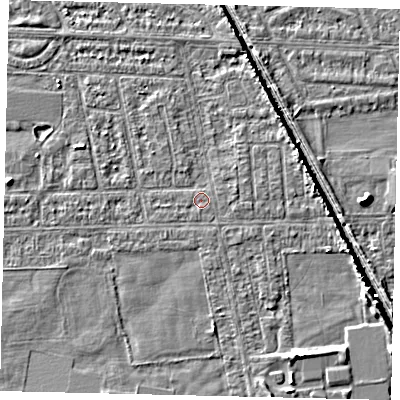 Shaded relief map of the ground around HU69PG, computed from Environment Agency LiDAR. The ground here sits at about 2 m above sea level and falls 5 m across the surrounding 800 m. Surface water reaching this point runs off ground lying to the east-north-east, 0.8 m higher.