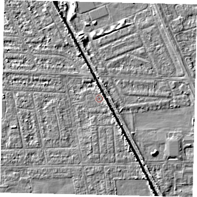 Shaded relief map of the ground around HU69PJ, computed from Environment Agency LiDAR. The ground here sits at about 2 m above sea level and falls 5 m across the surrounding 800 m. Surface water reaching this point runs off ground lying to the east, 1.3 m higher.