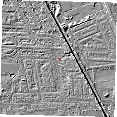 Shaded relief map of the ground around HU69PL, computed from Environment Agency LiDAR. The ground here sits at about 2 m above sea level and falls 5 m across the surrounding 800 m. Surface water reaching this point runs off ground lying to the east, 1.4 m higher.