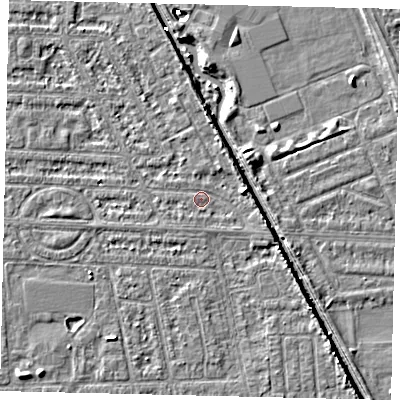 Shaded relief map of the ground around HU69PN, computed from Environment Agency LiDAR. The ground here sits at about 2 m above sea level and falls 5 m across the surrounding 800 m. Surface water reaching this point runs off ground lying to the east-north-east, 2.5 m higher.