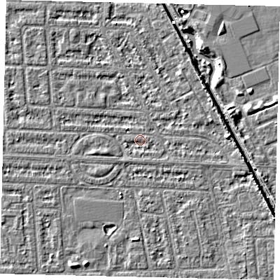 Shaded relief map of the ground around HU69PP, computed from Environment Agency LiDAR. The ground here sits at about 2 m above sea level and falls 5 m across the surrounding 800 m. Surface water reaching this point runs off ground lying to the east, 2.5 m higher.