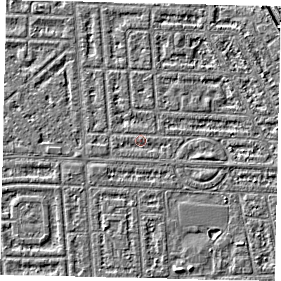 Shaded relief map of the ground around HU69PR, computed from Environment Agency LiDAR. The ground here sits at about 2 m above sea level and falls 4 m across the surrounding 800 m. Surface water reaching this point runs off ground lying to the west-south-west, 0.9 m higher.