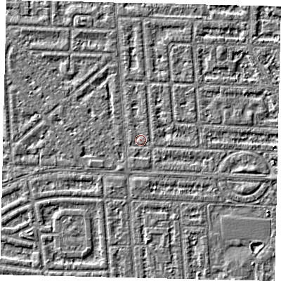 Shaded relief map of the ground around HU69PS, computed from Environment Agency LiDAR. The ground here sits at about 2 m above sea level and falls 2 m across the surrounding 800 m. Surface water reaching this point runs off ground lying to the south, 0.7 m higher.