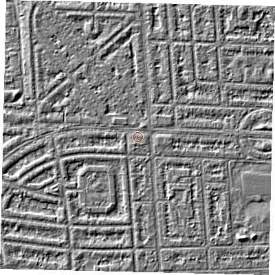 Shaded relief map of the ground around HU69QA, computed from Environment Agency LiDAR. The ground here sits at about 2 m above sea level and falls 3 m across the surrounding 800 m. Surface water reaching this point runs off ground lying to the south, 1.1 m higher.