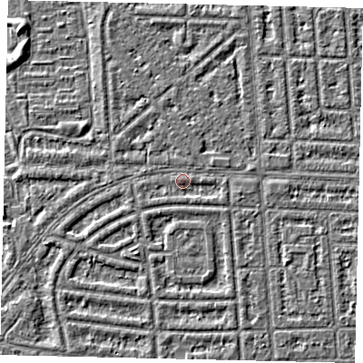 Shaded relief map of the ground around HU69QD, computed from Environment Agency LiDAR. The ground here sits at about 2 m above sea level and falls 2 m across the surrounding 800 m. Surface water reaching this point runs off ground lying to the south-south-east, 1.1 m higher.