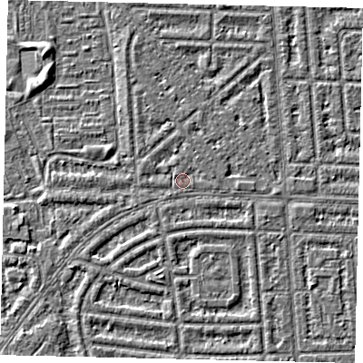 Shaded relief map of the ground around HU69QE, computed from Environment Agency LiDAR. The ground here sits at about 2 m above sea level and falls 2 m across the surrounding 800 m. Surface water reaching this point runs off ground lying to the west, 0.6 m higher.