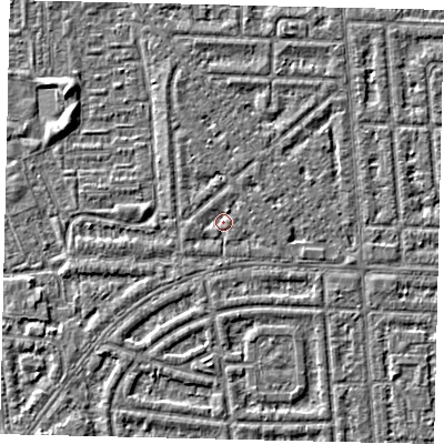 Shaded relief map of the ground around HU69QF, computed from Environment Agency LiDAR. The ground here sits at about 2 m above sea level and falls 2 m across the surrounding 800 m. Surface water reaching this point runs off ground lying to the west-south-west, 0.7 m higher.
