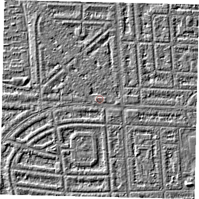 Shaded relief map of the ground around HU69QG, computed from Environment Agency LiDAR. The ground here sits at about 2 m above sea level and falls 2 m across the surrounding 800 m. Surface water reaching this point runs off ground lying to the south-south-east, 1.1 m higher.