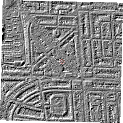 Shaded relief map of the ground around HU69QH, computed from Environment Agency LiDAR. The ground here sits at about 2 m above sea level and falls 2 m across the surrounding 800 m. Surface water reaching this point runs off ground lying to the west, 0.9 m higher.