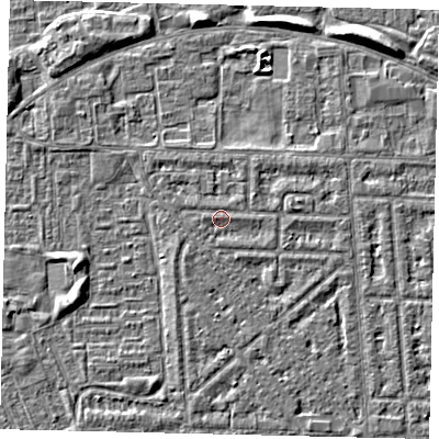 Shaded relief map of the ground around HU69QP, computed from Environment Agency LiDAR. The ground here sits at about 2 m above sea level and falls 5 m across the surrounding 800 m. Surface water reaching this point runs off ground lying to the east, 0.7 m higher.