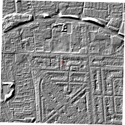 Shaded relief map of the ground around HU69QR, computed from Environment Agency LiDAR. The ground here sits at about 2 m above sea level and falls 5 m across the surrounding 800 m. Surface water reaching this point runs off ground lying to the south-east, 0.7 m higher.