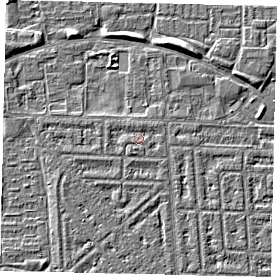 Shaded relief map of the ground around HU69QS, computed from Environment Agency LiDAR. The ground here sits at about 2 m above sea level and falls 5 m across the surrounding 800 m. Surface water reaching this point runs off ground lying to the west, 0.9 m higher.