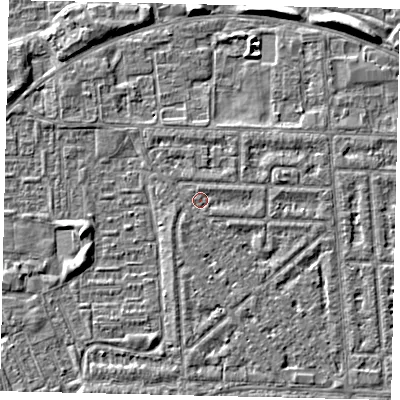 Shaded relief map of the ground around HU69QT, computed from Environment Agency LiDAR. The ground here sits at about 2 m above sea level and falls 4 m across the surrounding 800 m. Surface water reaching this point runs off ground lying to the east-north-east, 0.7 m higher.