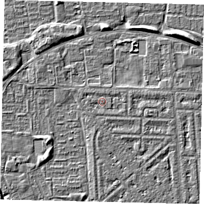 Shaded relief map of the ground around HU69QW, computed from Environment Agency LiDAR. The ground here sits at about 2 m above sea level and falls 5 m across the surrounding 800 m. Surface water reaching this point runs off ground lying to the east-south-east, 0.8 m higher.