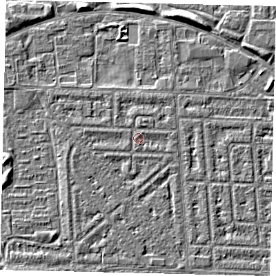 Shaded relief map of the ground around HU69QX, computed from Environment Agency LiDAR. The ground here sits at about 2 m above sea level and falls 4 m across the surrounding 800 m. Surface water reaching this point runs off ground lying to the south-east, 0.7 m higher.