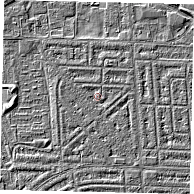 Shaded relief map of the ground around HU69QZ, computed from Environment Agency LiDAR. The ground here sits at about 2 m above sea level and falls 3 m across the surrounding 800 m. Surface water reaching this point runs off ground lying to the north-west, 0.9 m higher.