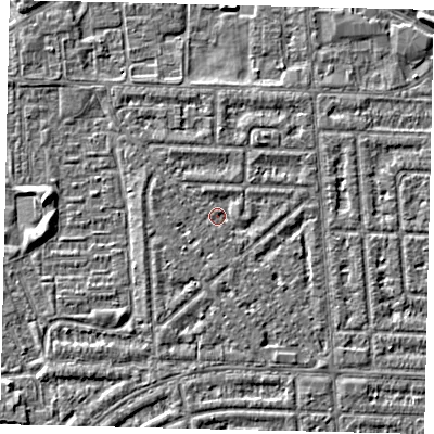 Shaded relief map of the ground around HU69RA, computed from Environment Agency LiDAR. The ground here sits at about 2 m above sea level and falls 2 m across the surrounding 800 m. Surface water reaching this point runs off ground lying to the south-west, 0.9 m higher.