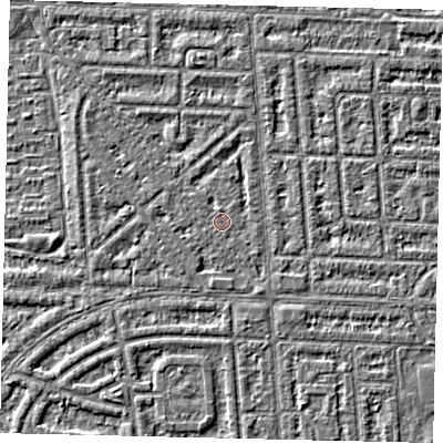 Shaded relief map of the ground around HU69RB, computed from Environment Agency LiDAR. The ground here sits at about 2 m above sea level and falls 2 m across the surrounding 800 m. Surface water reaching this point runs off ground lying to the west-north-west, 1.0 m higher.
