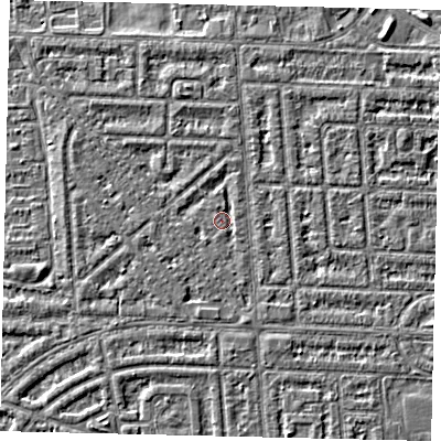 Shaded relief map of the ground around HU69RD, computed from Environment Agency LiDAR. The ground here sits at about 2 m above sea level and falls 2 m across the surrounding 800 m. Surface water reaching this point runs off ground lying to the north-west, 0.9 m higher.