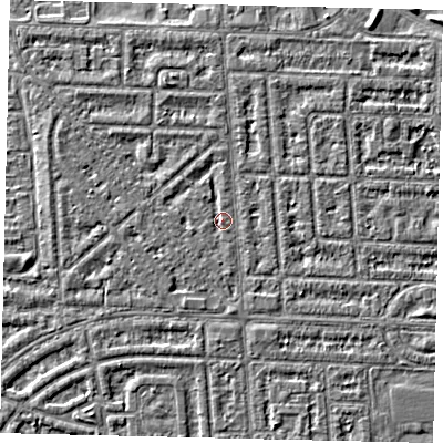Shaded relief map of the ground around HU69RE, computed from Environment Agency LiDAR. The ground here sits at about 2 m above sea level and falls 2 m across the surrounding 800 m. Surface water reaching this point runs off ground lying to the north-west, 0.9 m higher.