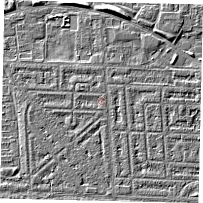 Shaded relief map of the ground around HU69RF, computed from Environment Agency LiDAR. The ground here sits at about 2 m above sea level and falls 4 m across the surrounding 800 m. Surface water reaching this point runs off ground lying to the east-north-east, 0.9 m higher.