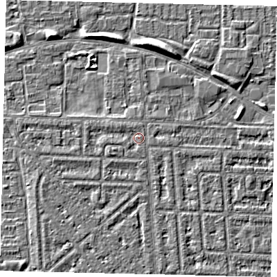 Shaded relief map of the ground around HU69RG, computed from Environment Agency LiDAR. The ground here sits at about 2 m above sea level and falls 5 m across the surrounding 800 m. Surface water reaching this point runs off ground lying to the west-south-west, 1.2 m higher.
