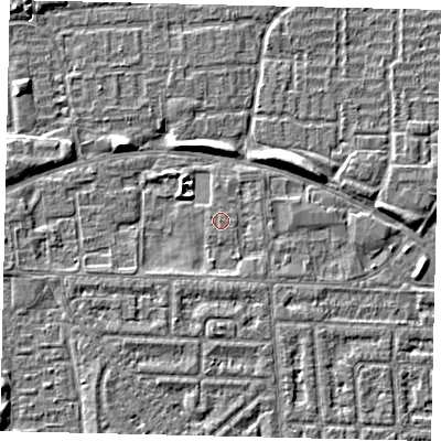 Shaded relief map of the ground around HU69RJ, computed from Environment Agency LiDAR. The ground here sits at about 2 m above sea level and falls 5 m across the surrounding 800 m. The ground contributing surface water to this point lies to the east.