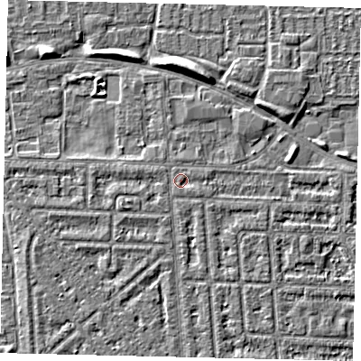 Shaded relief map of the ground around HU69RL, computed from Environment Agency LiDAR. The ground here sits at about 2 m above sea level and falls 5 m across the surrounding 800 m. Surface water reaching this point runs off ground lying to the west-south-west, 1.2 m higher.