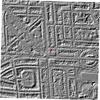 Shaded relief map of the ground around HU69RP, computed from Environment Agency LiDAR. The ground here sits at about 2 m above sea level and falls 3 m across the surrounding 800 m. Surface water reaching this point runs off ground lying to the north-north-west, 1.3 m higher.