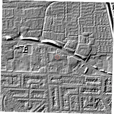 Shaded relief map of the ground around HU69RR, computed from Environment Agency LiDAR. The ground here sits at about 2 m above sea level and falls 5 m across the surrounding 800 m. The ground contributing surface water to this point lies to the west.
