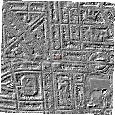 Shaded relief map of the ground around HU69RS, computed from Environment Agency LiDAR. The ground here sits at about 2 m above sea level and falls 3 m across the surrounding 800 m. The ground contributing surface water to this point lies to the north-east.