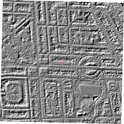 Shaded relief map of the ground around HU69RT, computed from Environment Agency LiDAR. The ground here sits at about 2 m above sea level and falls 4 m across the surrounding 800 m. Surface water reaching this point runs off ground lying to the west-north-west, 0.9 m higher.