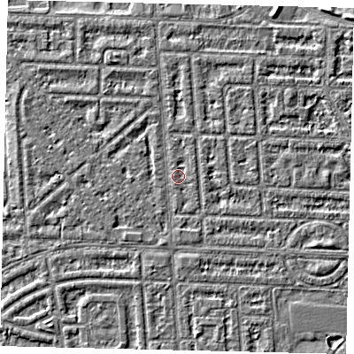 Shaded relief map of the ground around HU69RW, computed from Environment Agency LiDAR. The ground here sits at about 2 m above sea level and falls 2 m across the surrounding 800 m. Surface water reaching this point runs off ground lying to the north-north-west, 1.2 m higher.