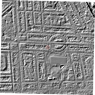 Shaded relief map of the ground around HU69RX, computed from Environment Agency LiDAR. The ground here sits at about 2 m above sea level and falls 4 m across the surrounding 800 m. The ground contributing surface water to this point lies to the north-north-west.