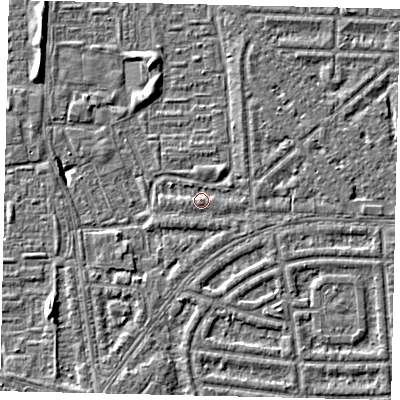 Shaded relief map of the ground around HU69SA, computed from Environment Agency LiDAR. The ground here sits at about 2 m above sea level and falls 5 m across the surrounding 800 m. Surface water reaching this point runs off ground lying to the east-north-east, 1.0 m higher.