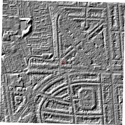 Shaded relief map of the ground around HU69SB, computed from Environment Agency LiDAR. The ground here sits at about 2 m above sea level and falls 4 m across the surrounding 800 m. Surface water reaching this point runs off ground lying to the south-west, 0.6 m higher.